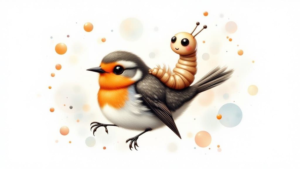 Robin Flies with Bookworm, Watercolor Style