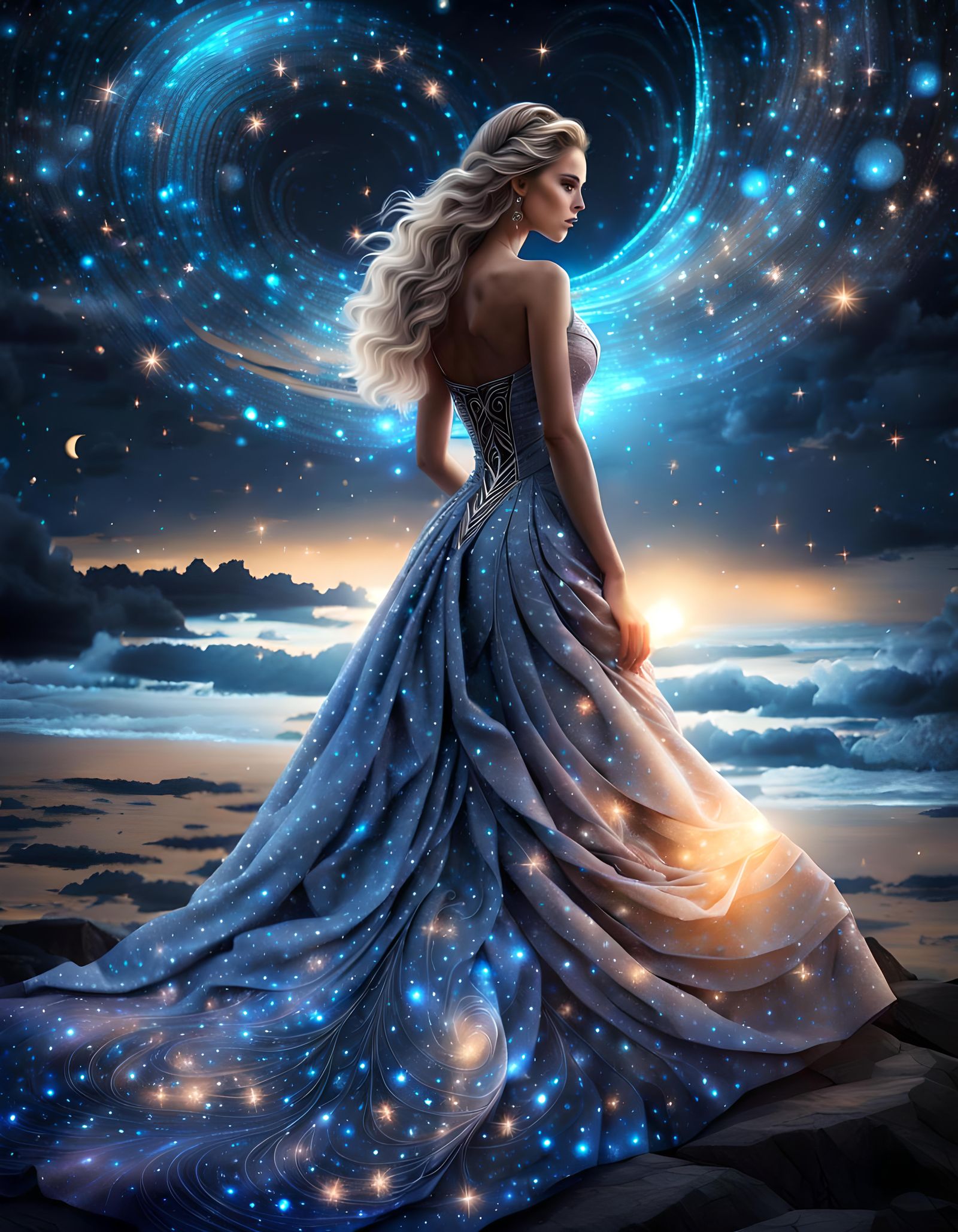 Fantasy photo of a flawless girl in an elaborate and beautiful gown against a sparkling starry night sky mixed media fan...