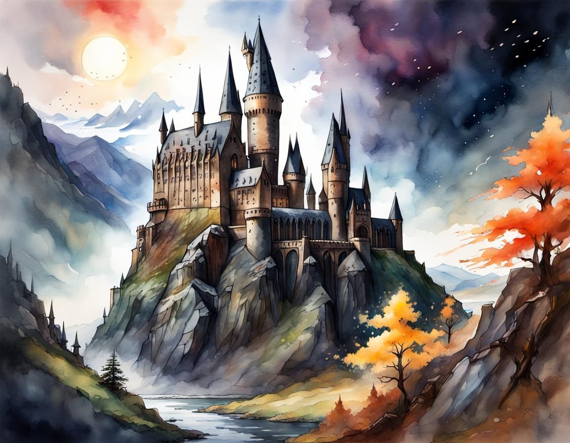 Hogwarts Castle in Highlands: Manga Watercolor Illustration