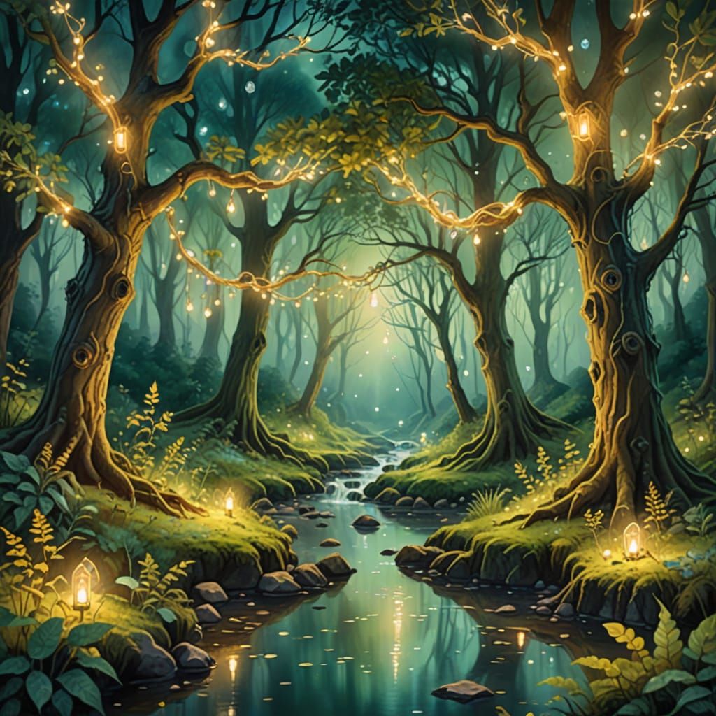 Magical Glowing Forest at Twilight in Oil Painting Style
