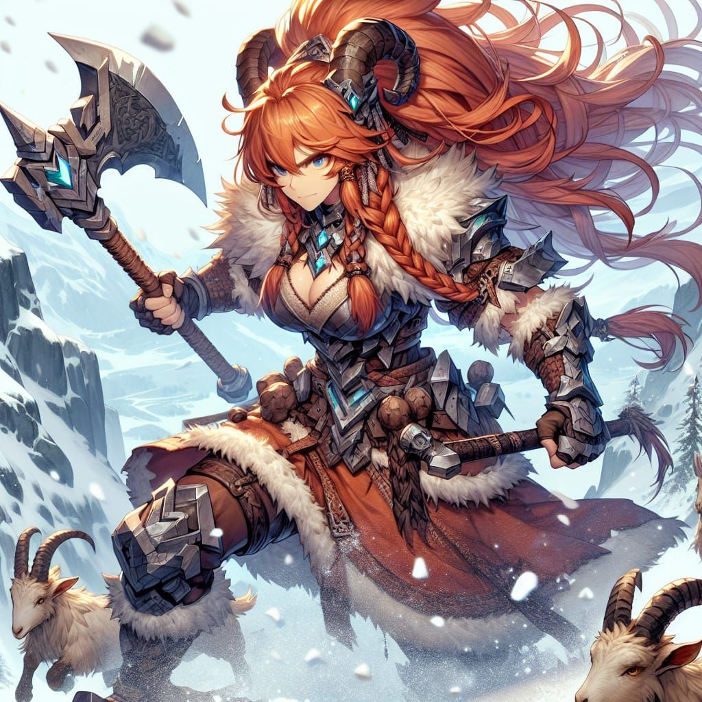 Anime Mountain Barbarian with Axe on Snowy Peak