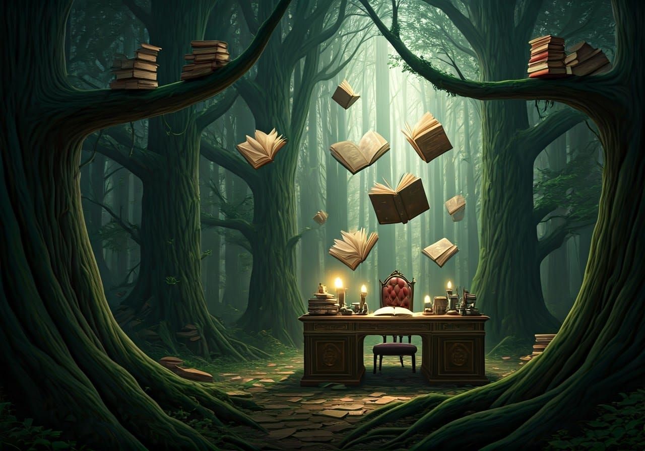 A woodland with hundreds of books perched along the branches and other books flying to a library desk