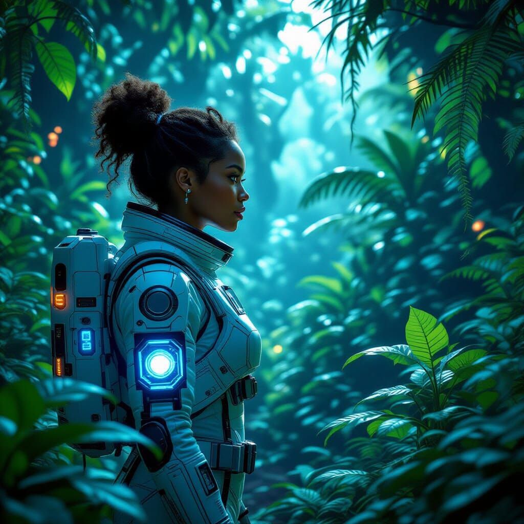 African American Astronaut in Bioluminescent Alien Jungle