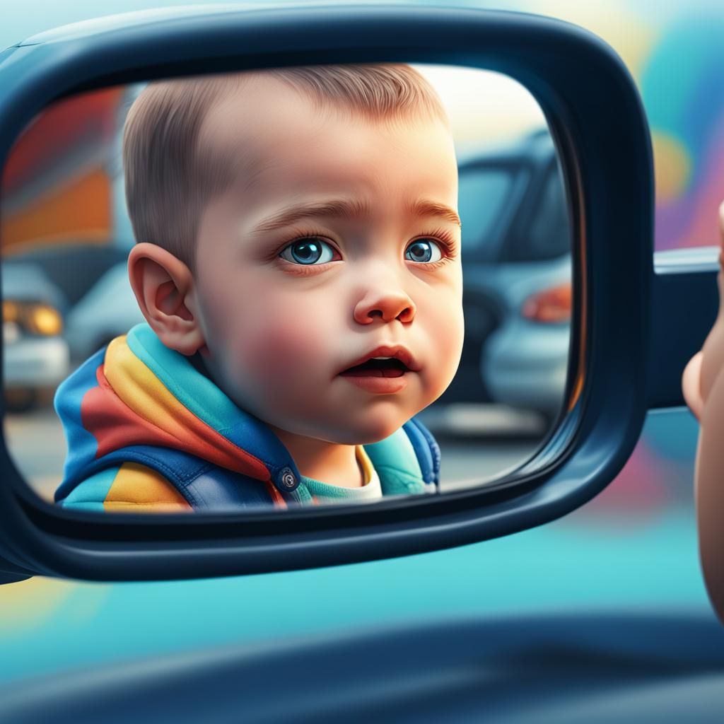 Child's Reflection in Car Mirror, Hyperrealistic Splash Art