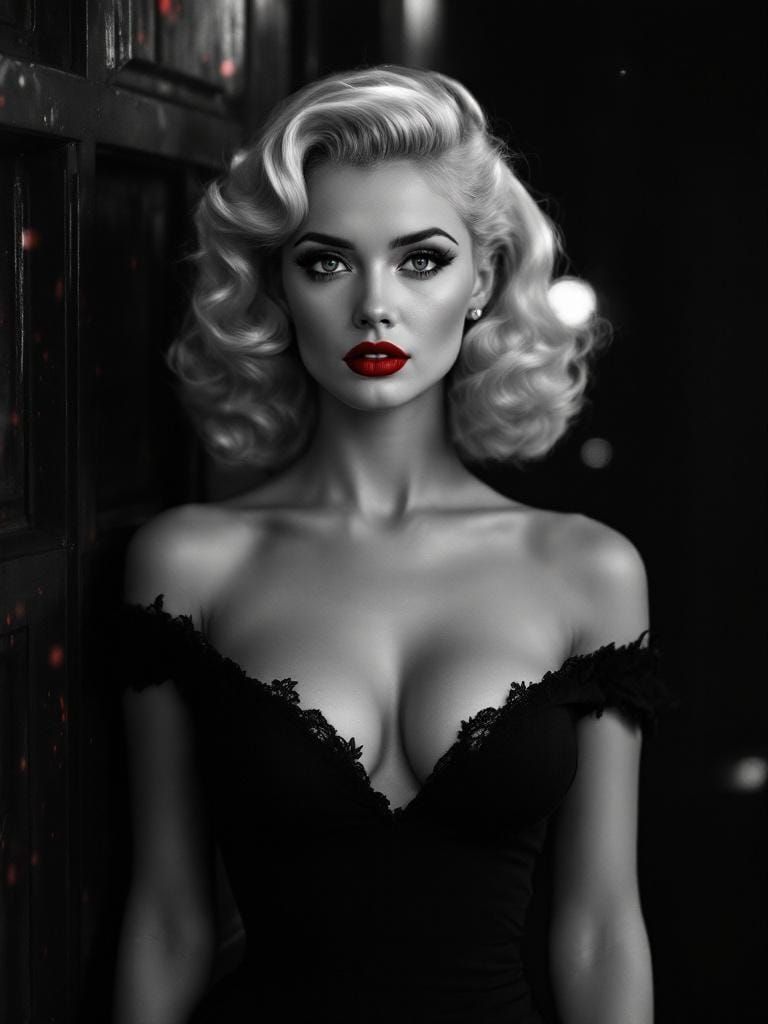 Monochrome Pin-Up with Red Accent in Photographic Style