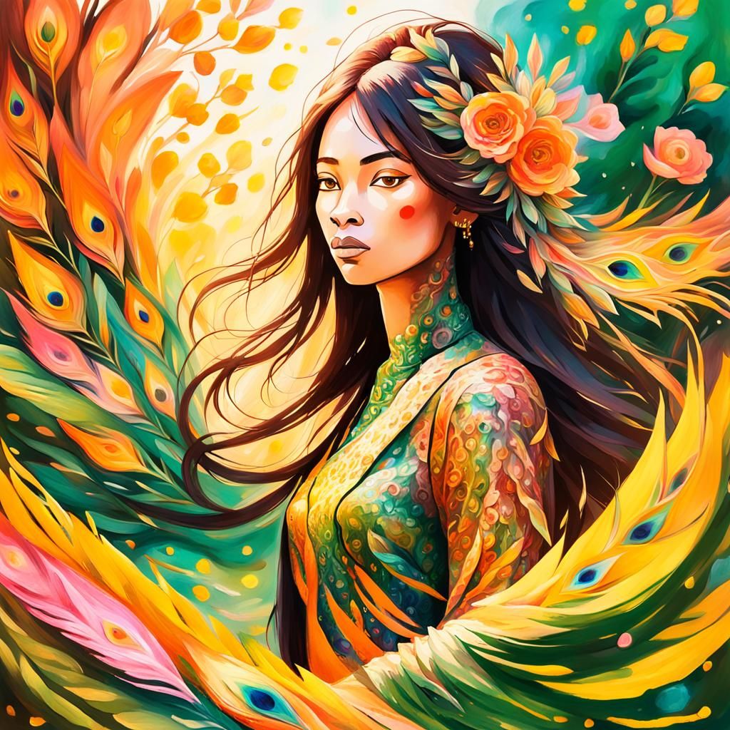 Dragon Peacock Woman in Abstract Expressionist Style