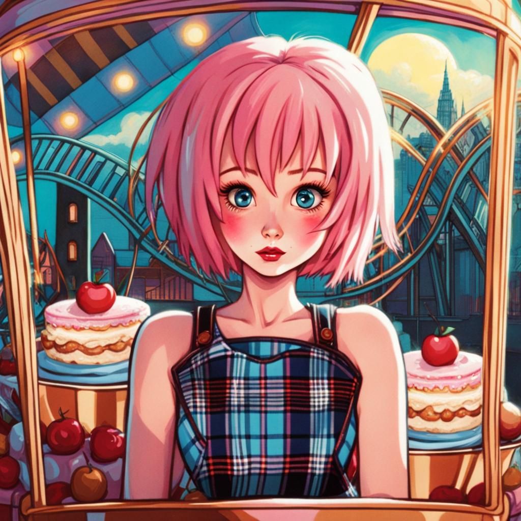 Freckled Woman with Pink Hair at Funfair, Comic Art