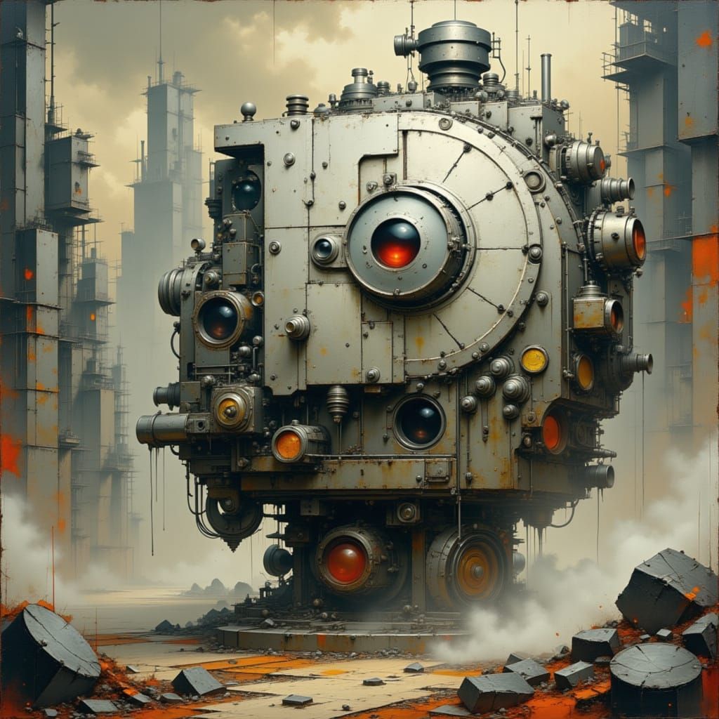 Gigantic Cartoon Watch in Apocalyptic Cityscape