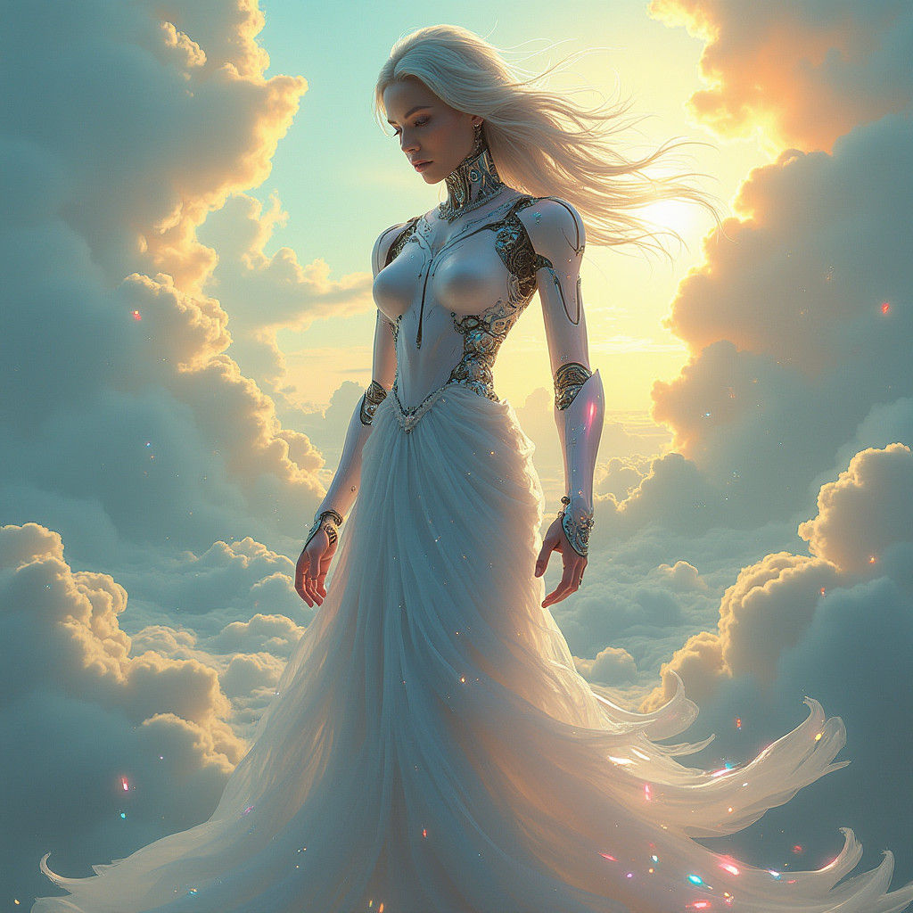 Ethereal Blasian Cyborg in Dreamy Landscape