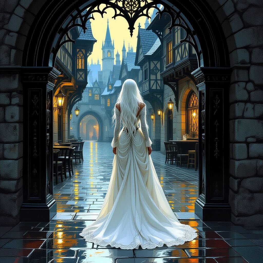 Ethereal Woman in Victorian Gown at Medieval Tavern