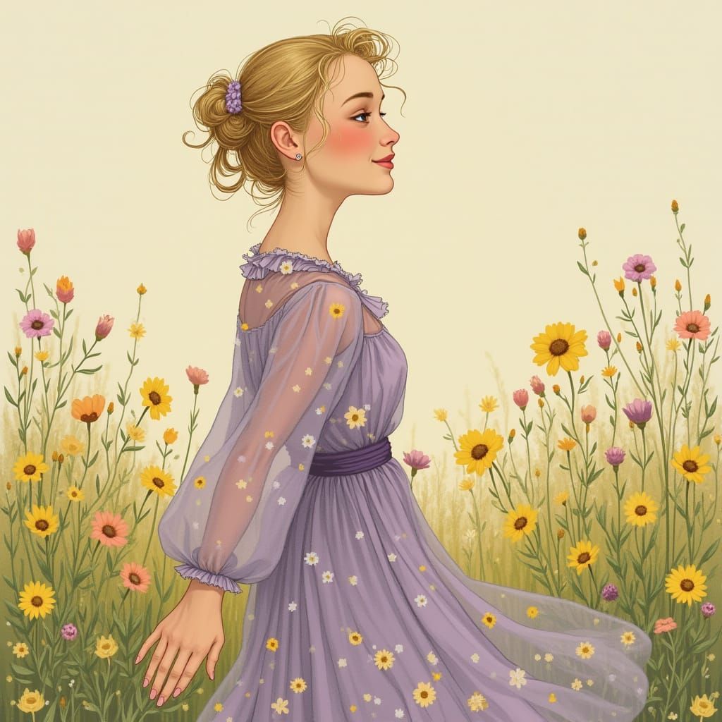 Blonde Woman in Meadow, Art Nouveau Style