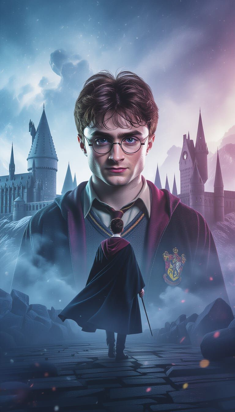 Ominous Harry Potter in Cosmic, Cinematic Style