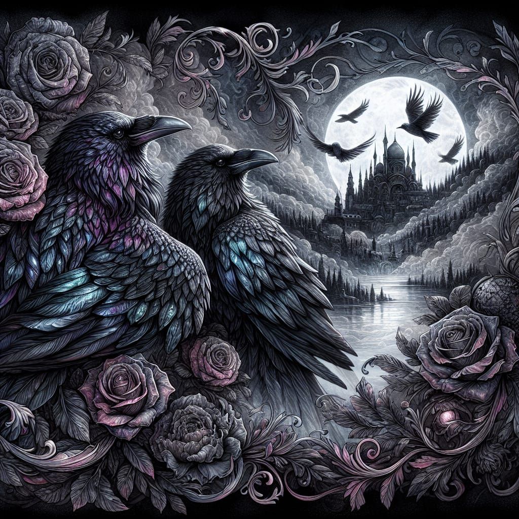 Romantic Gothic Ravens in Alcohol Ink Illustration