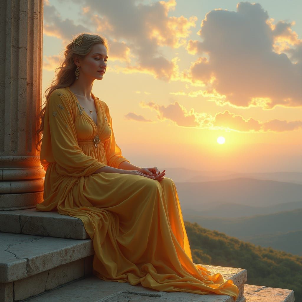 Ethereal Goddess of Dawn Sits Serenely on Throne, Watching R...