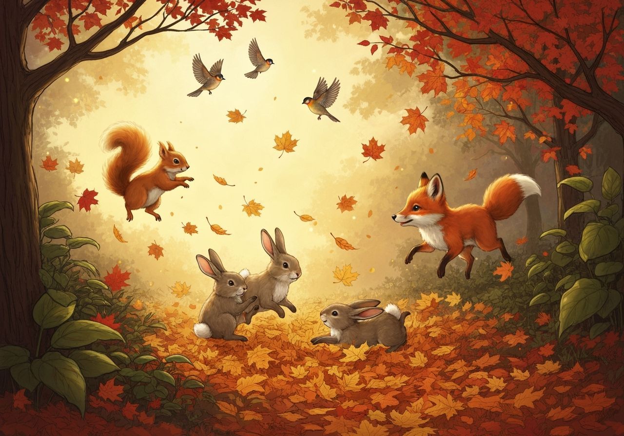 Woodland Animals Play in Autumn Leaves