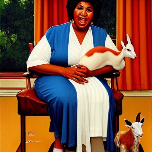 Aretha Franklin and Goat Portrait in Rockwell Style