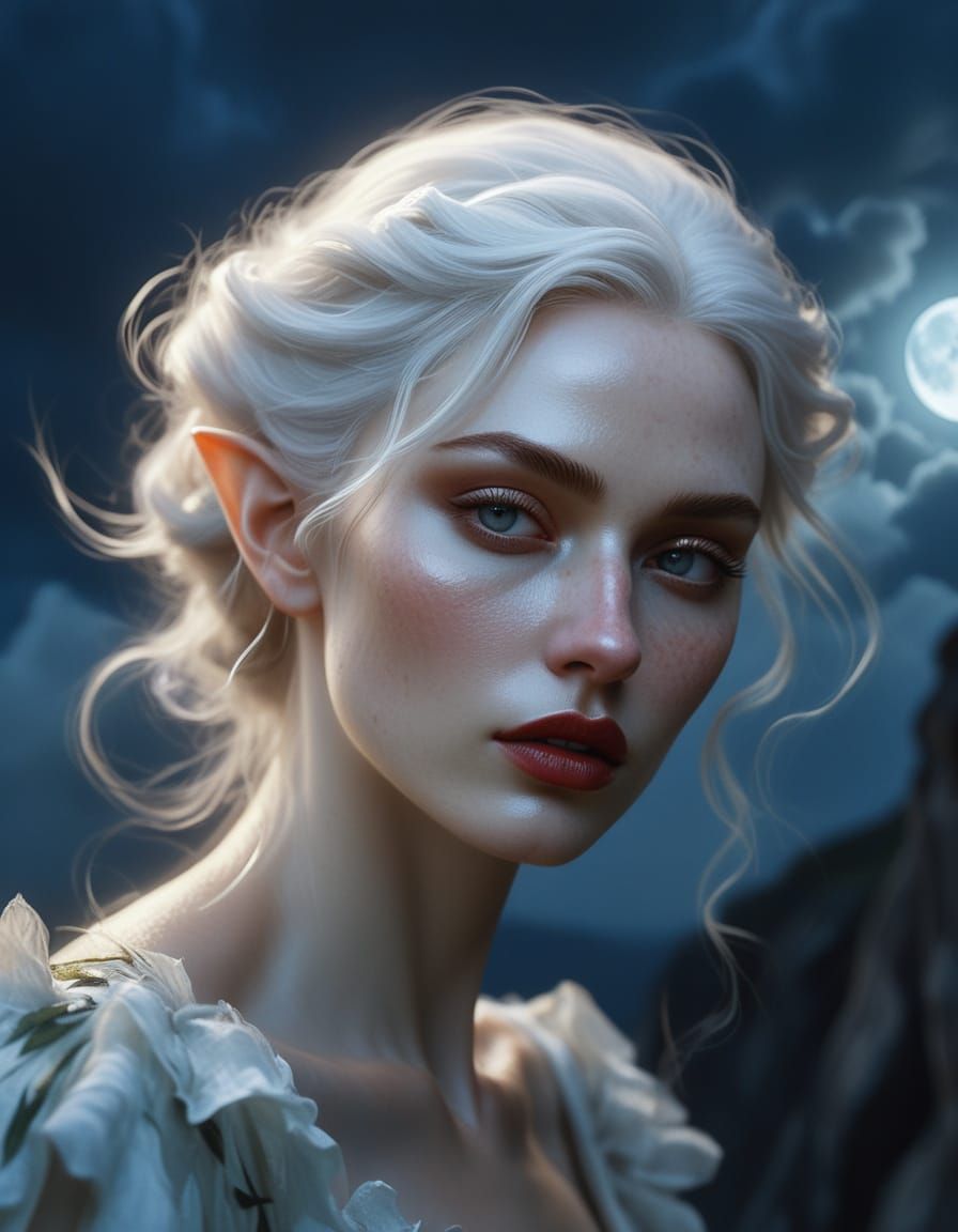 Moonlit Elf Woman on Cliff Edge in Impressionist Style