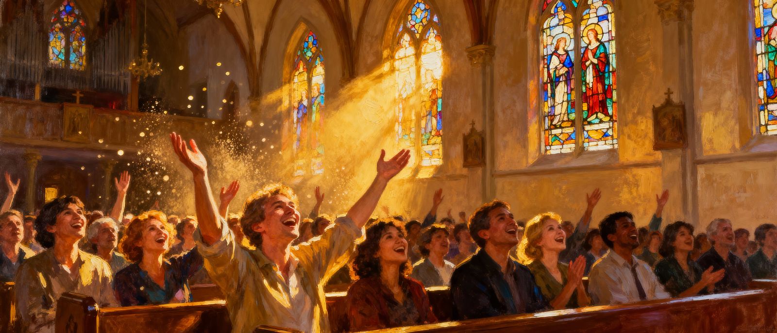 Joyful Church Congregation in Sunlight Oil Painting