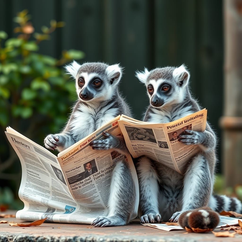 Lemurs Read Newspapers in a Whimsical Scene