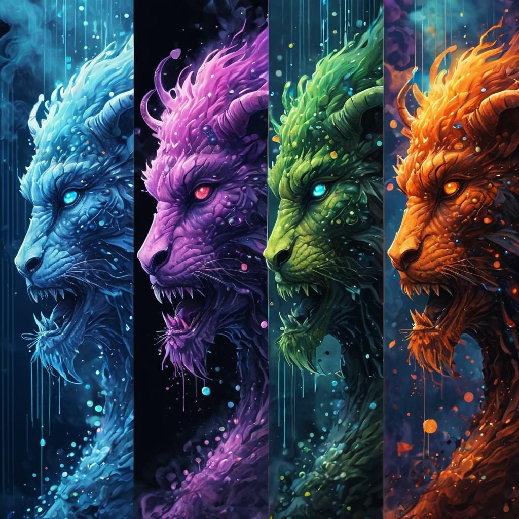 Chimera with Gemstones in Dreamlike Neon Splatter Art