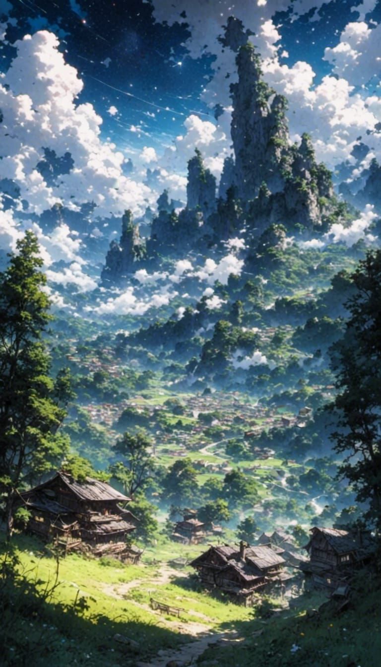 Dramatic Starry Night Landscape With City and Forest