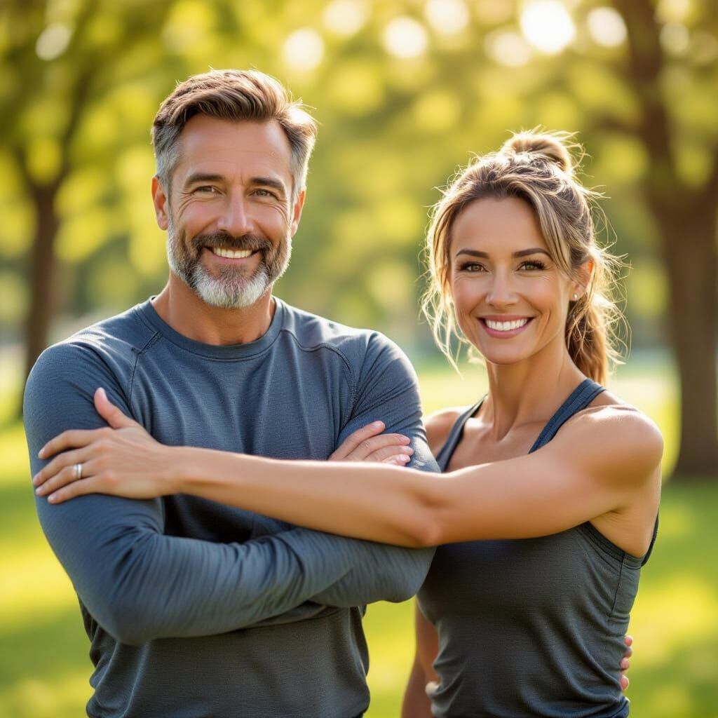 Fit Couple Stretching in Sunny Park