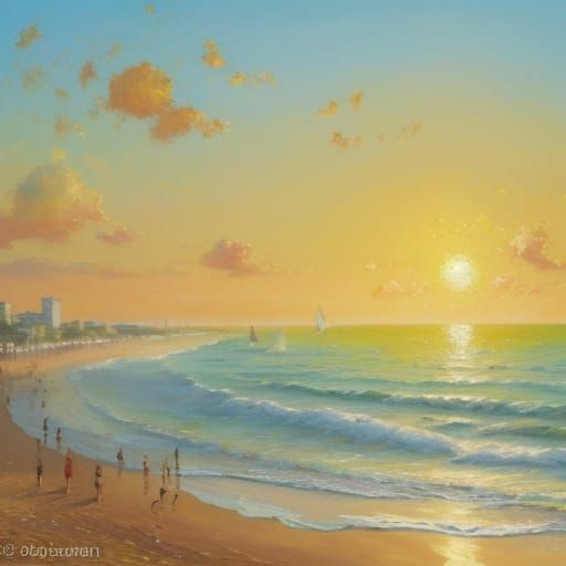 Vibrant Beach Scene in Neo-Impressionist Style