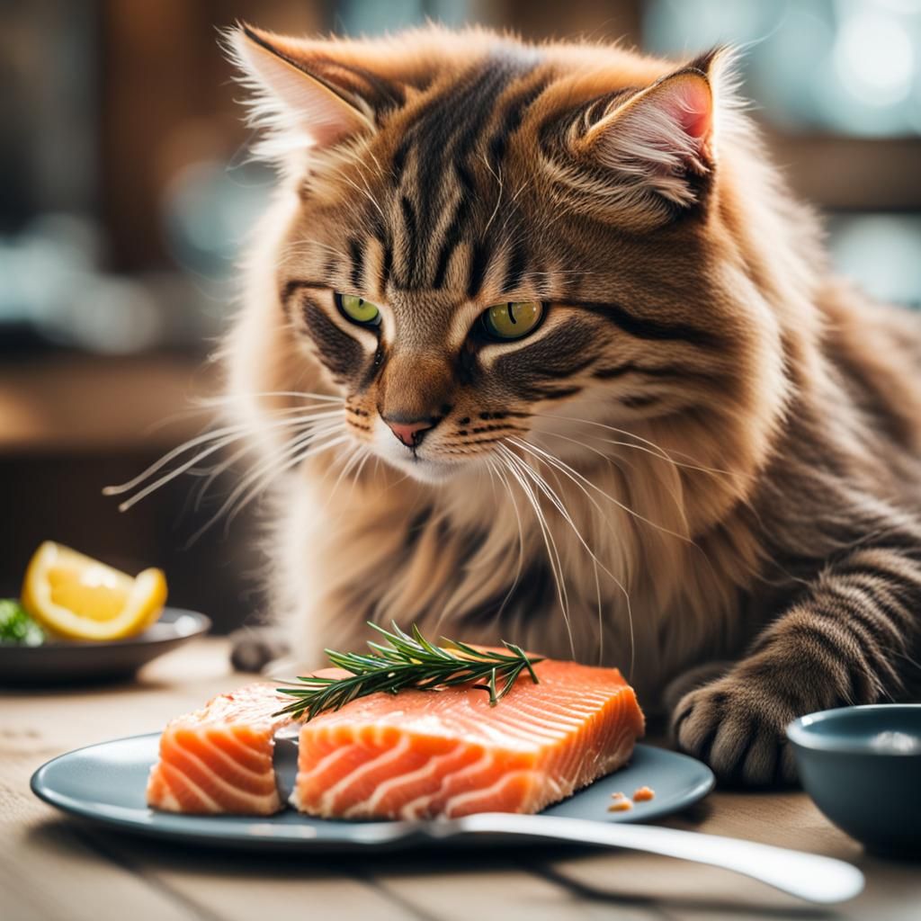 Fluffy Cat Enjoys Salmon Steak: Professional Photo