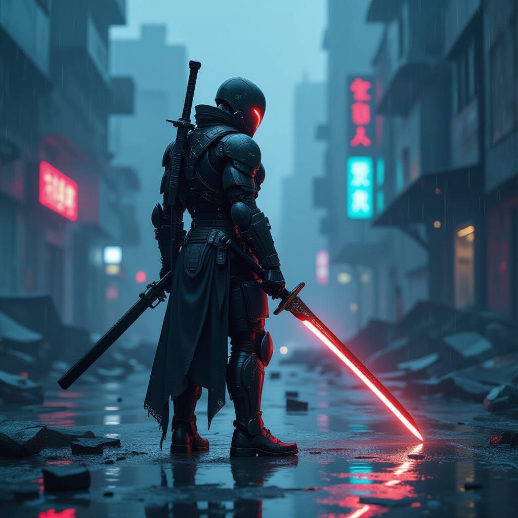 Cyborg Warrior in Ruined City, Oil Painting Style