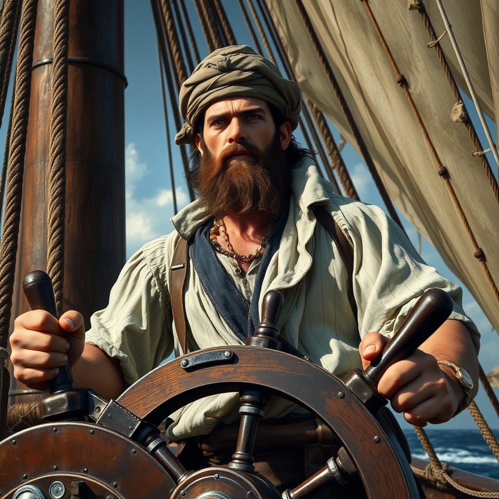 Handsome Sailor Ferdinand Magellan at the Helm of a Majestic...