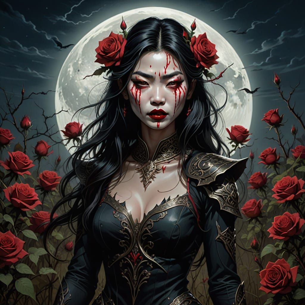 Fierce Asian Woman in Moonlit Rose Field