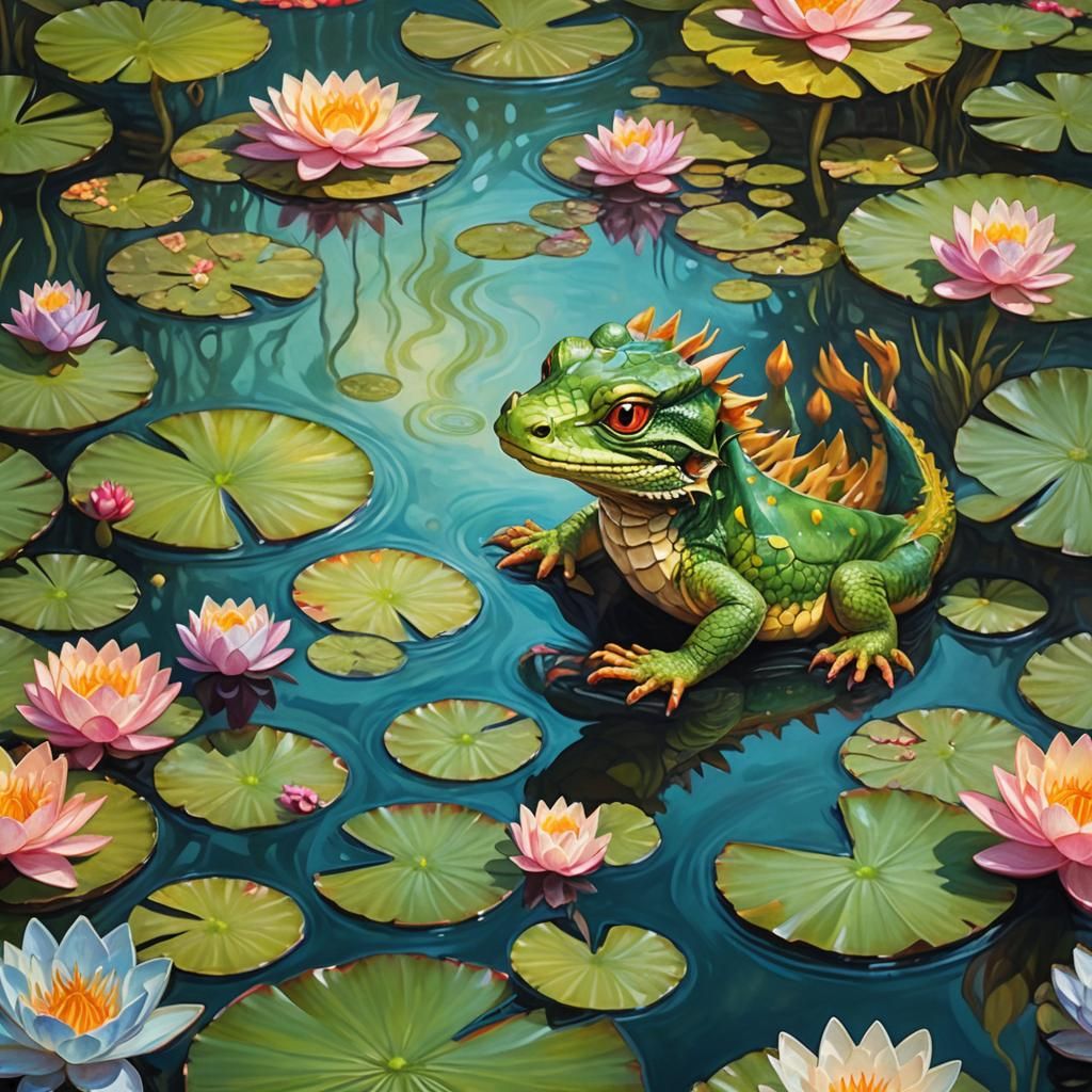 Baby Water Dragon in Pond, Vibrant Oil Painting