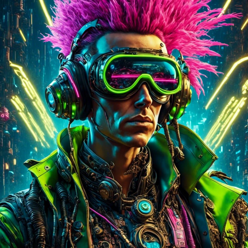 Cyberpunk Hacker Caricature with Neon Mohawk