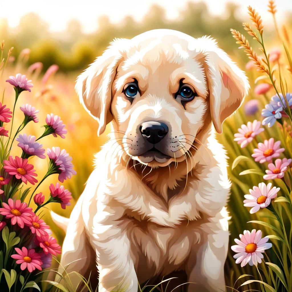 Labrador Puppy in a Flower Meadow