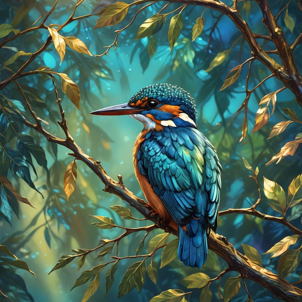 Iridescent Kingfisher Concept Art in Rousseau Style