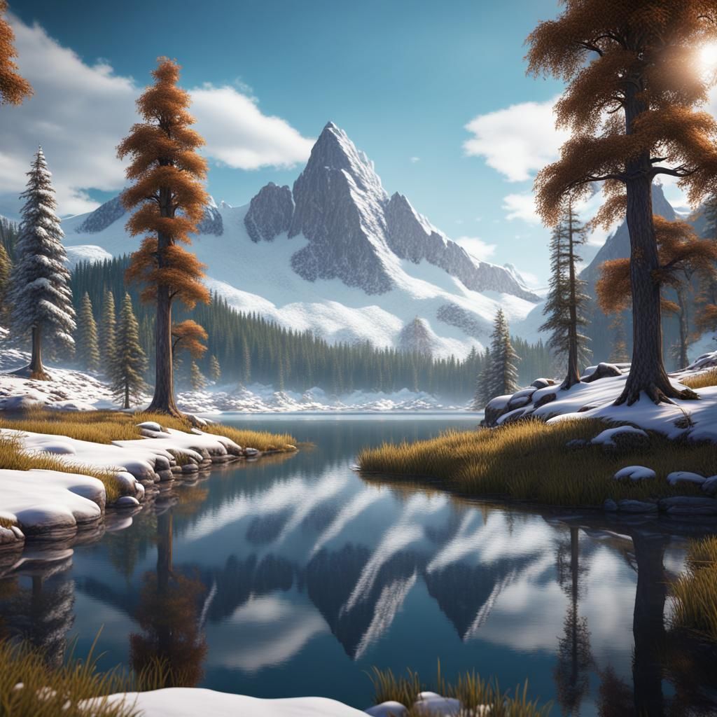 Snowy Mountain Lake Meadow: Fantasy Concept Art