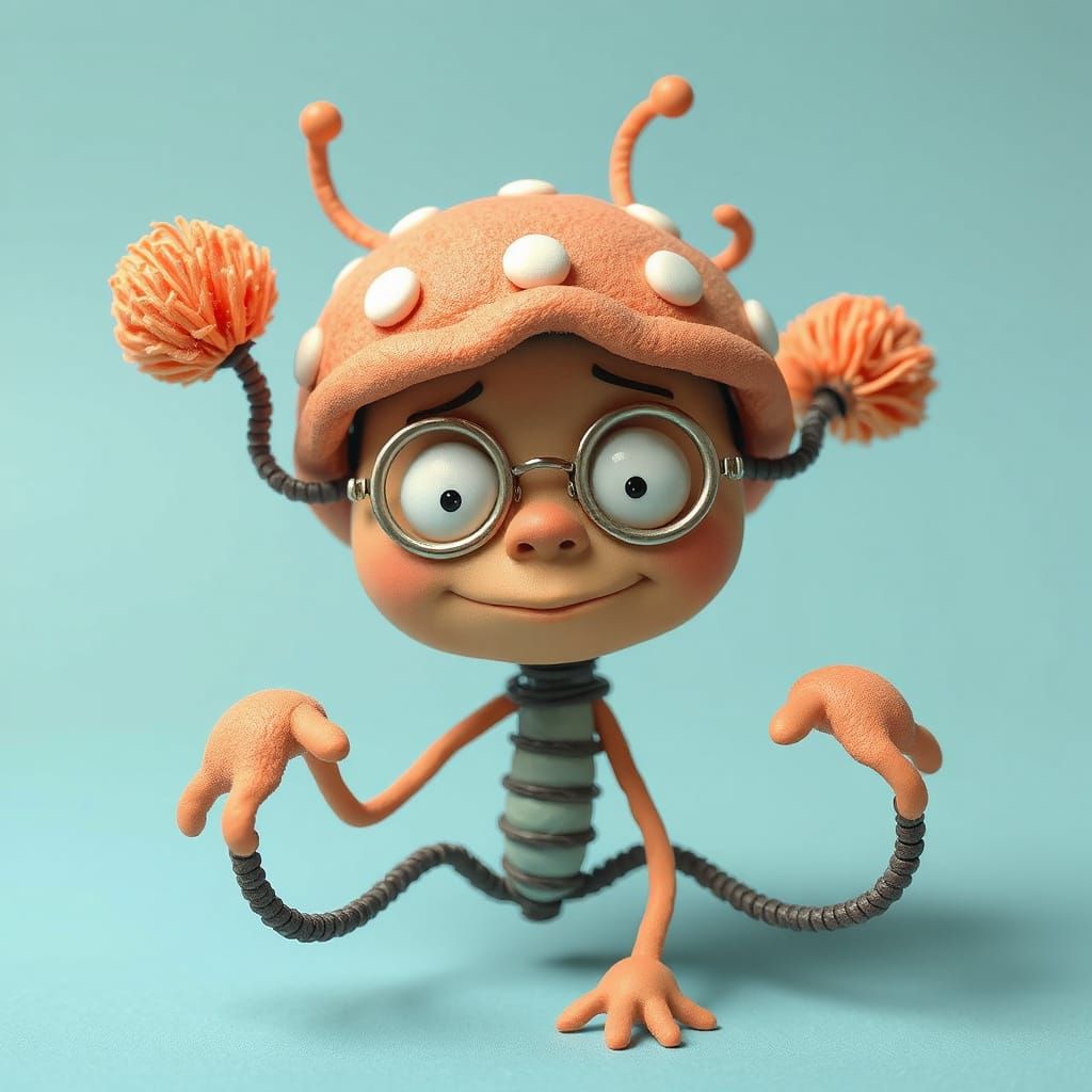 a 3d clay mold into a twisted wired creature with pom pom wi...
