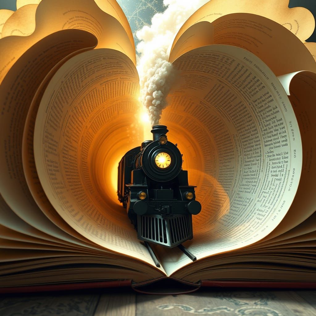 Train Unfolds from Golden Book Pages in a Dreamlike Scene