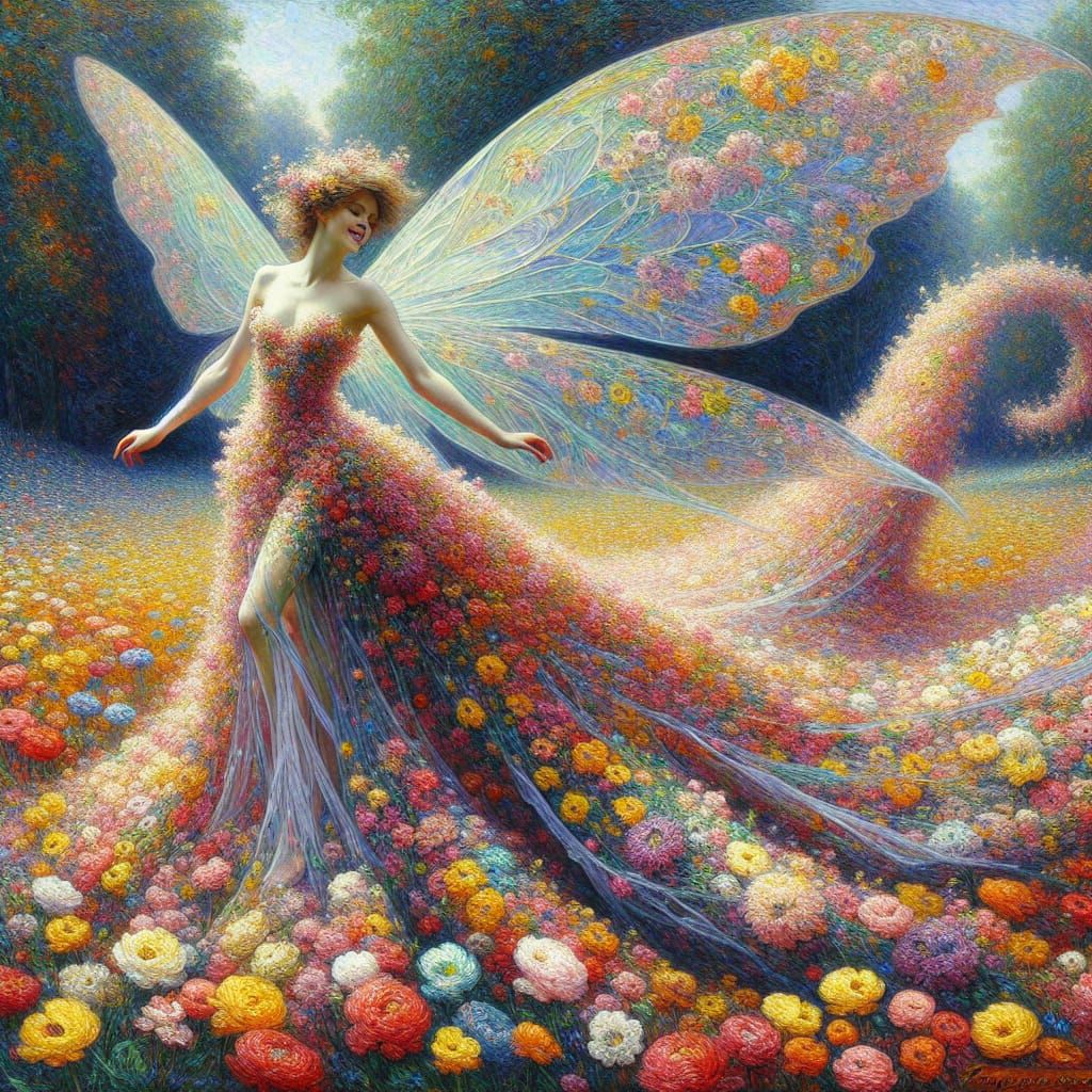 Ethereal Fairy in Vibrant Flower Field, Impressionistic Styl...