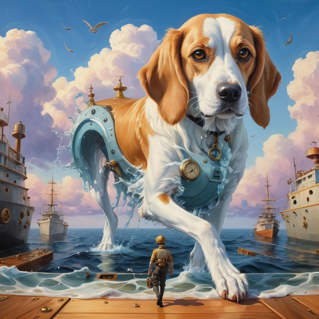 Surreal Marine Painting of Dog on Ship