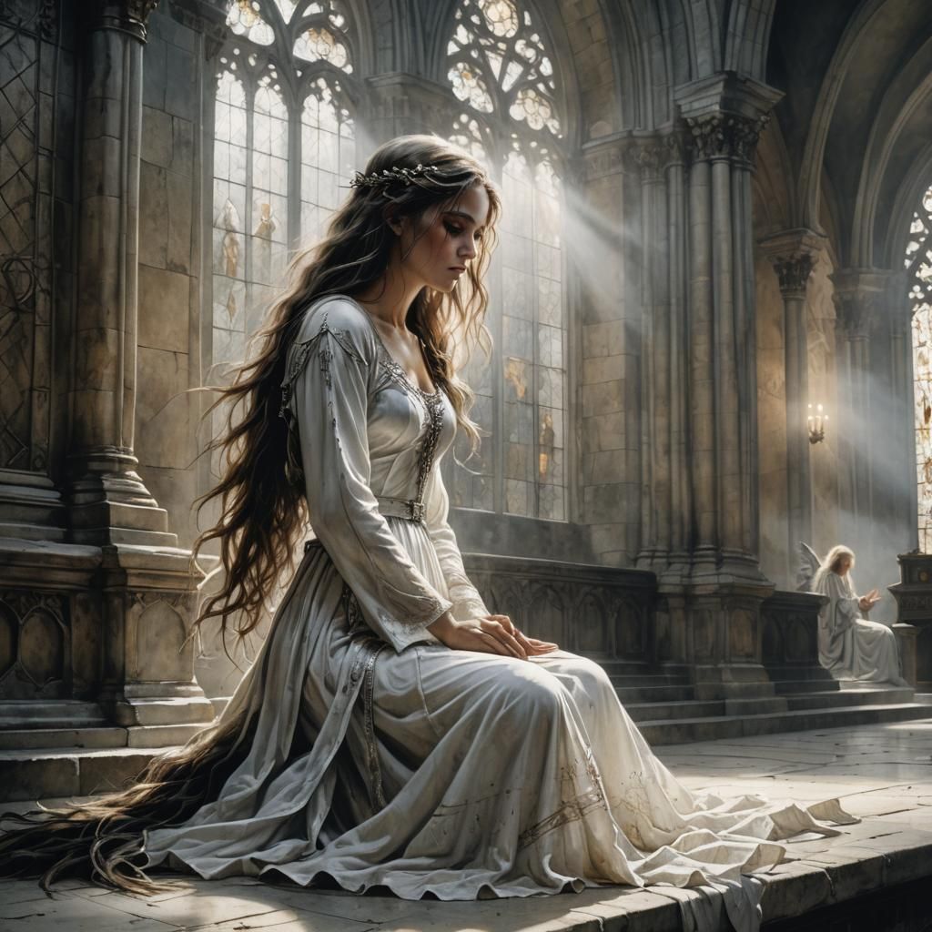 Angel in Despair in Cathedral with God Rays