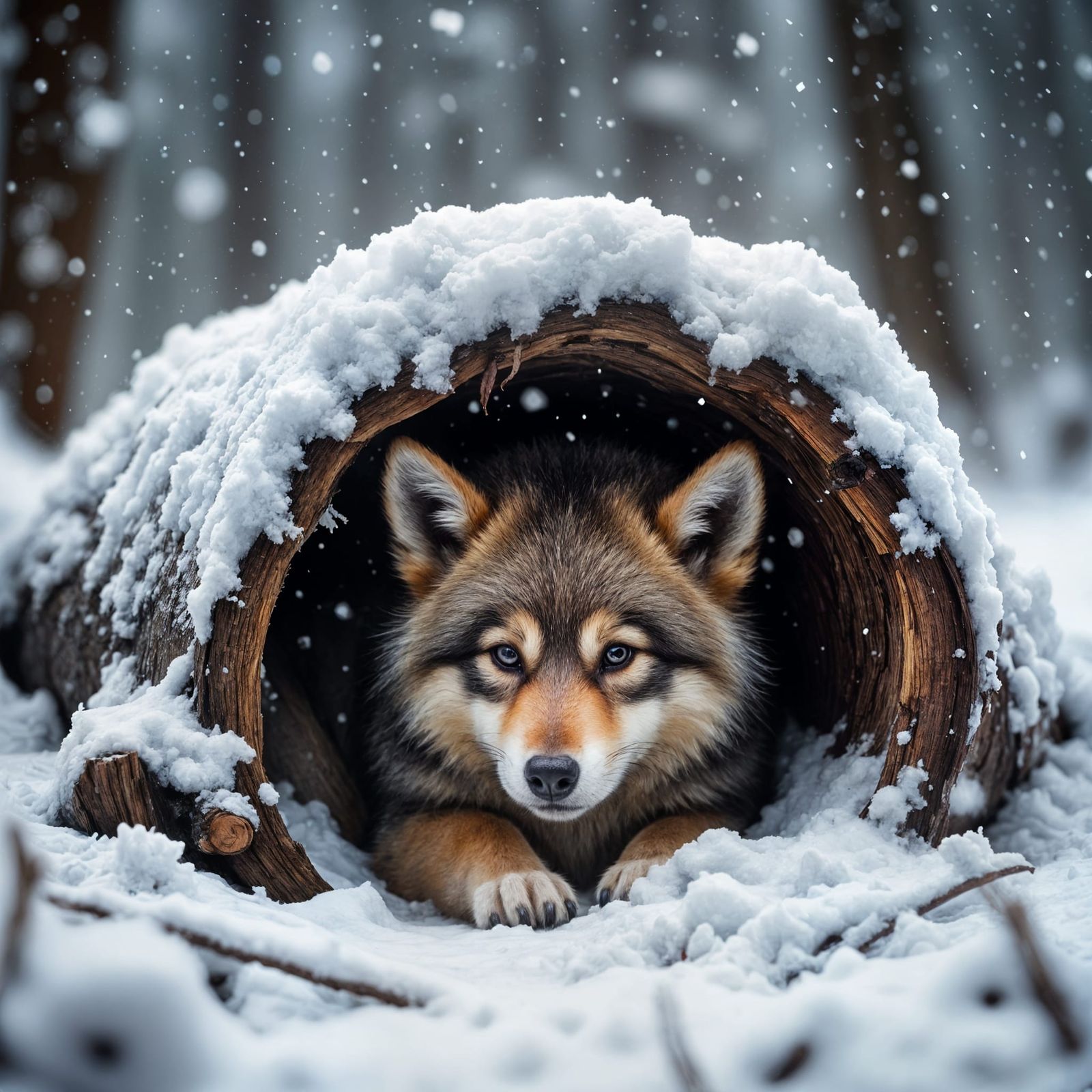Fluffy Wolf Pup Shelters from Winter Snowfall