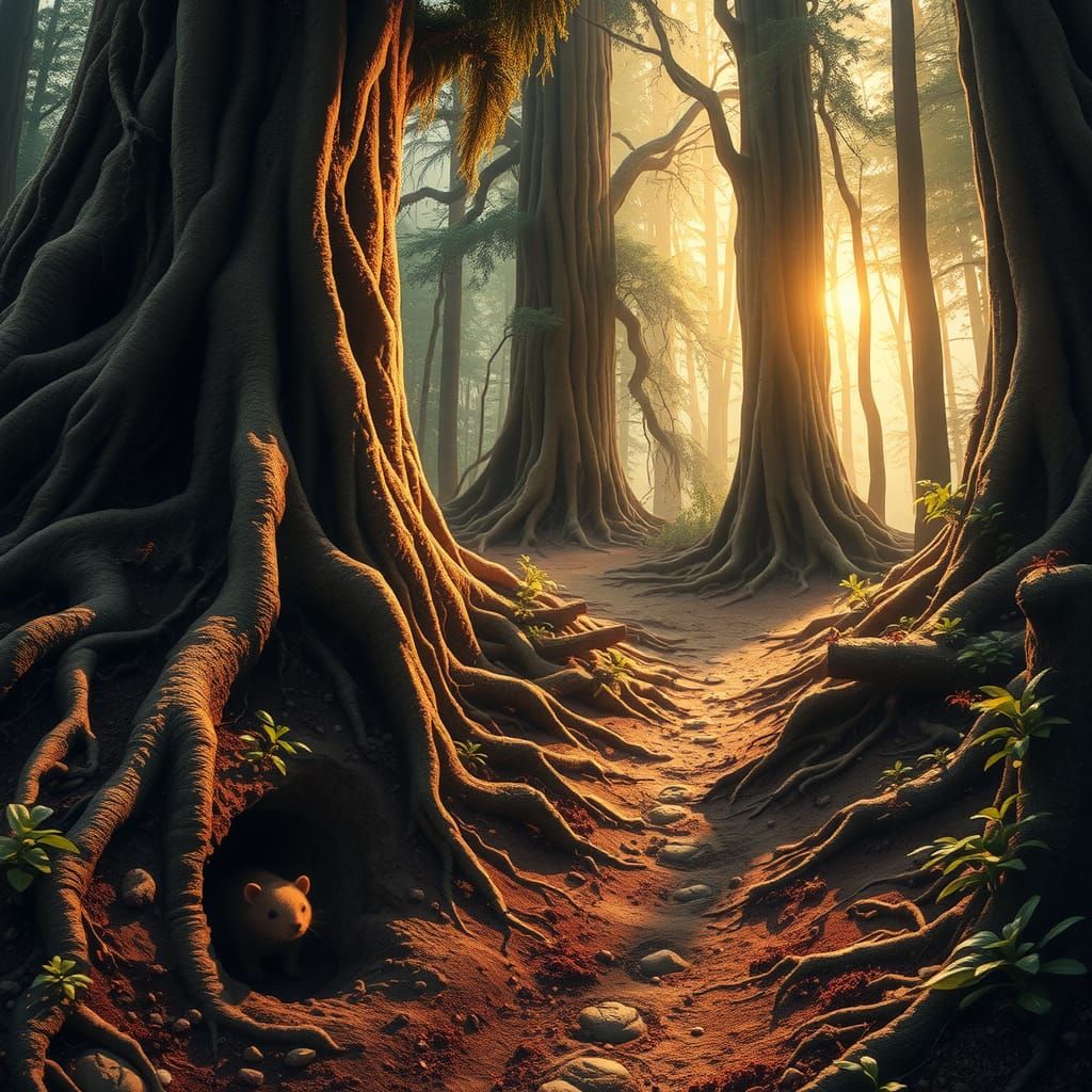 A forest landscape, the roots of the trees and plants can be...