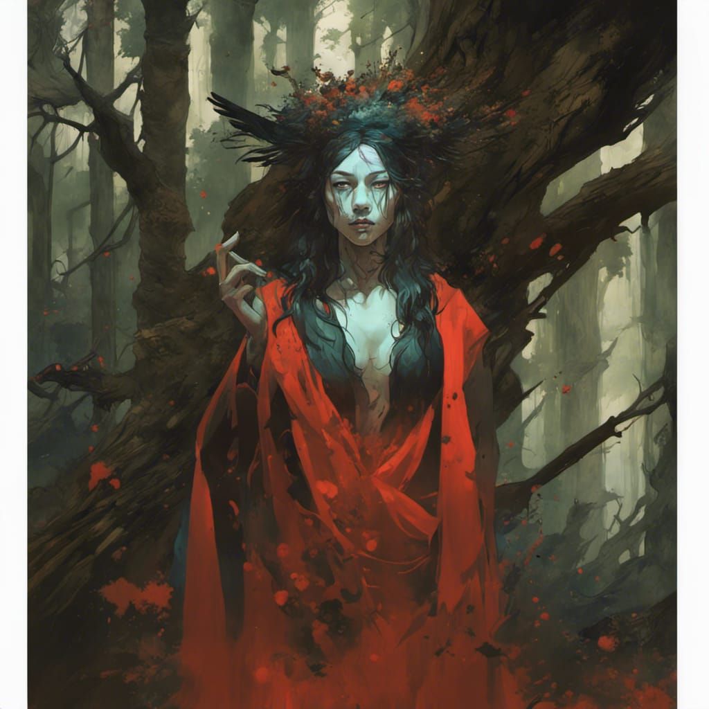 Raven Priestess in Forest, Graffiti Art Style