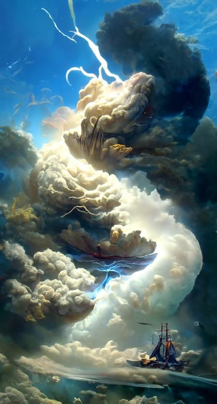 Dramatic Seascape Painting of Lightning Over the Sea