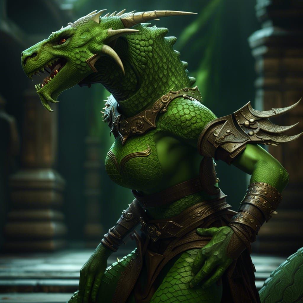 Green Dragonborn Disrobing: Dark Fantasy Concept Art