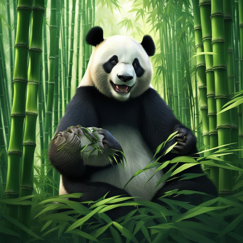 Giant Panda Among Green Bamboo: Digital Painting