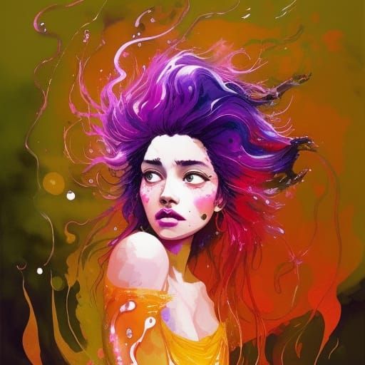 Hispanic Girl with Purple Hair, Liquid Gouache Painting