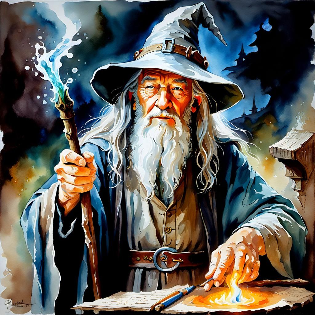 Gandalf Sorcerer Portrait in Watercolor Style