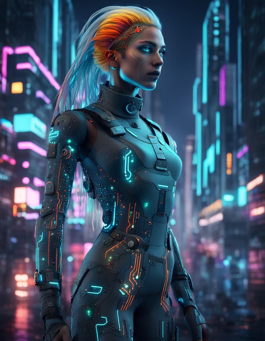 Biopunk Augmented Woman with Neon Hair